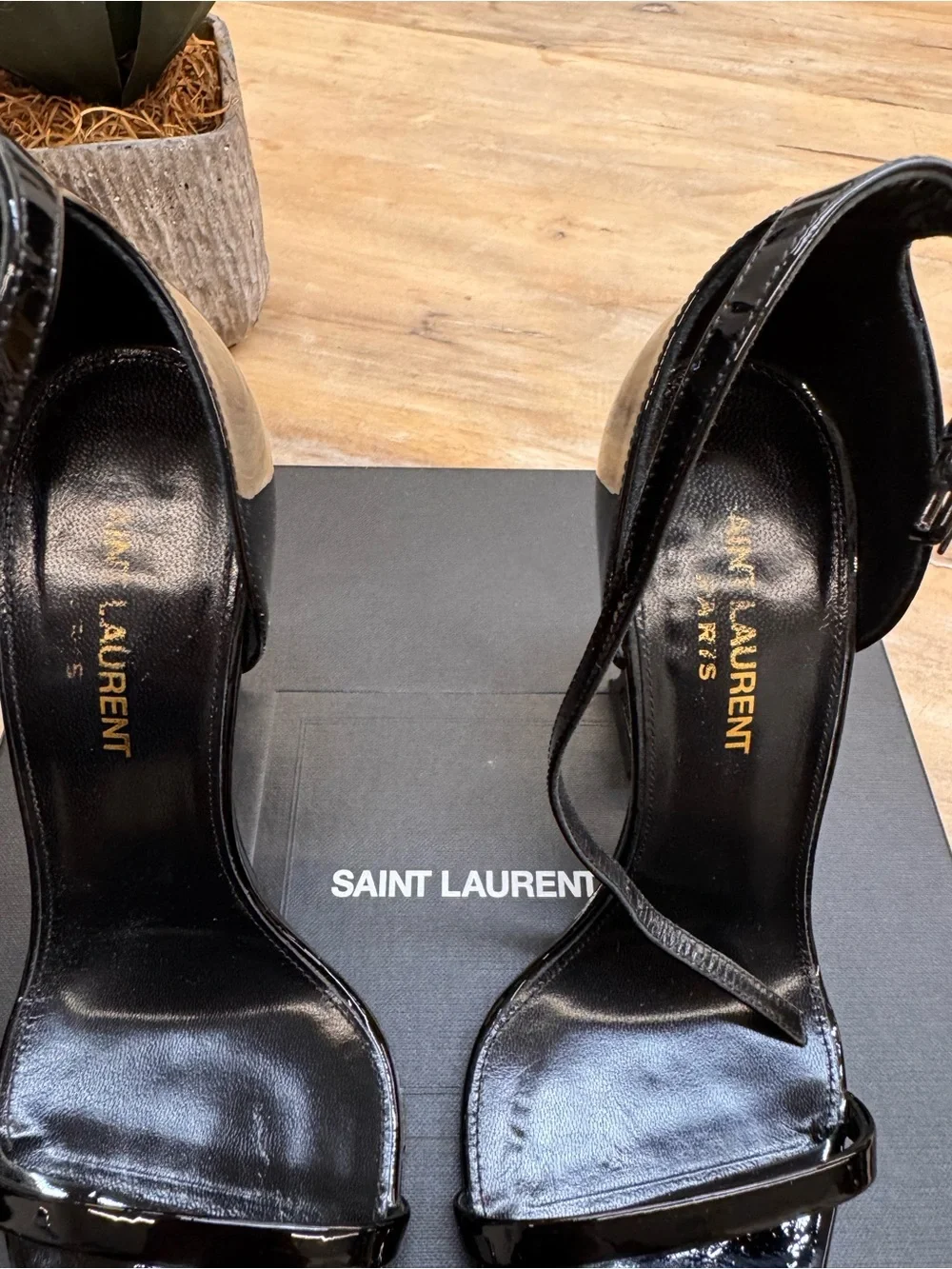 Saint Laurent Black Patent Leather Square-Toe Ankle-Strap Stilettos